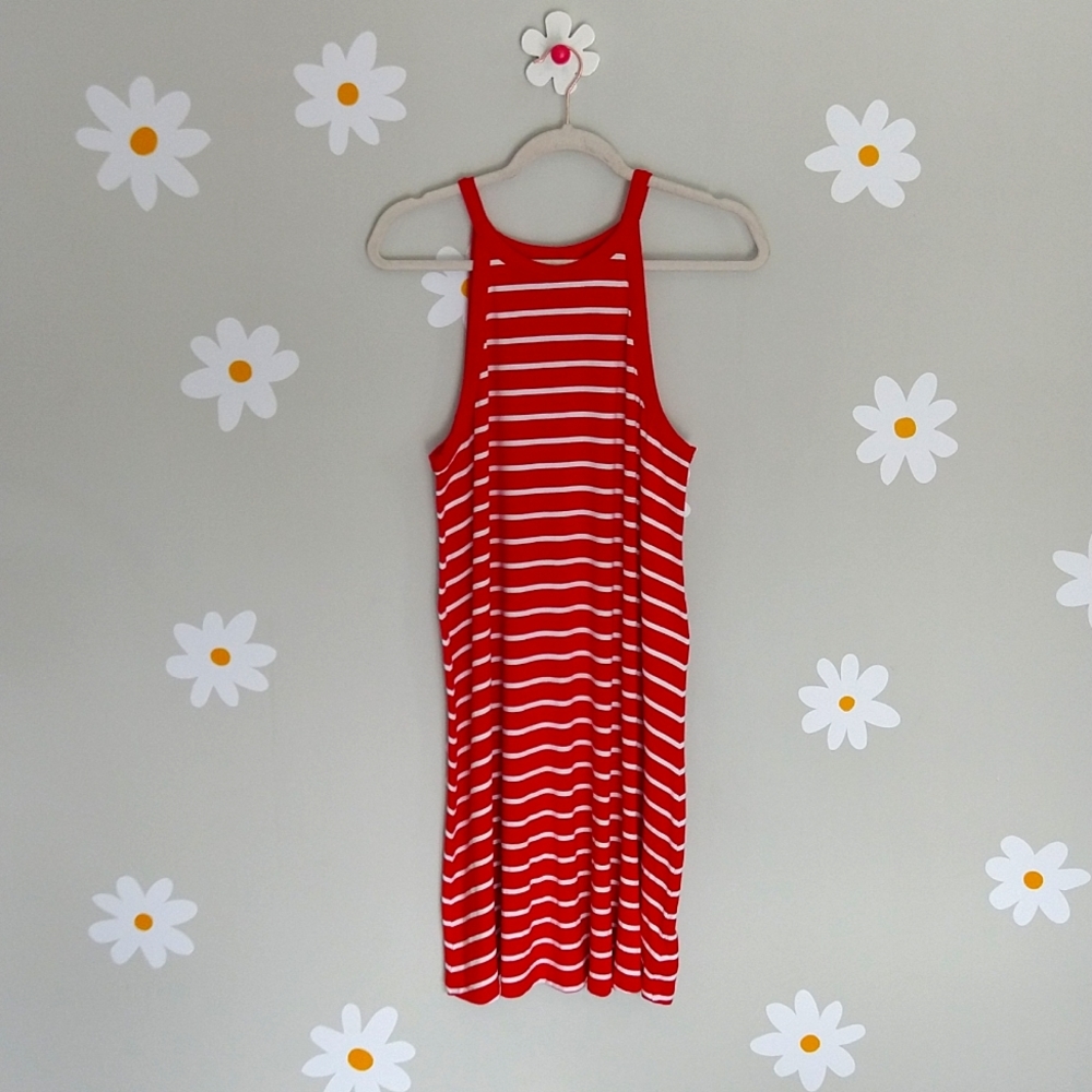 Old Navy Red & White Stripe High Neck A-Line Easy Tank Dress